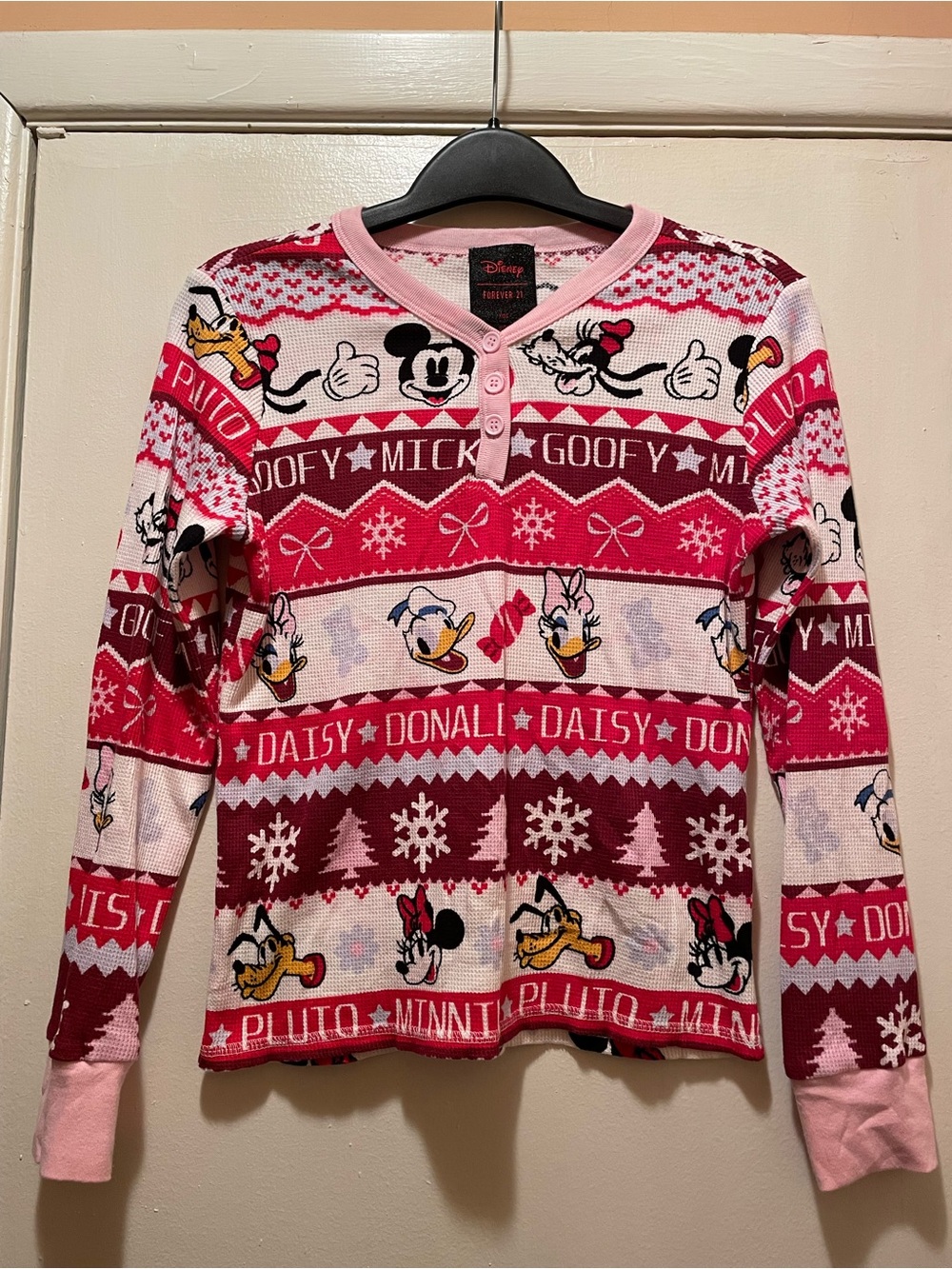 Disney Forever 21 Kids Christmas Holiday Thermal Henley Top Pink 13/14